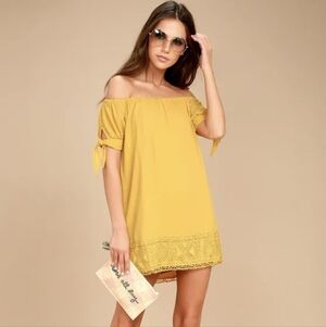 Lulu's Women's Moment in the Sun Mustard Yellow Lace Off-the-Shoulder Dress S
